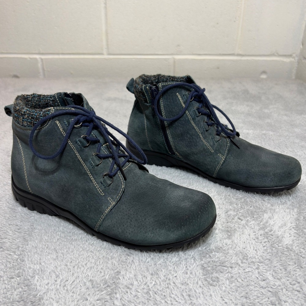 Propet Lace Up Boots Women Size 9 Blue Leather Ankle Side Zip Tweed Trim WFV002S